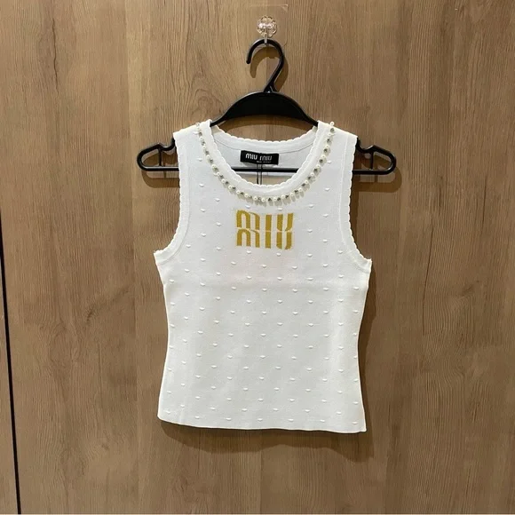 Miu Miu White Pearl-Trim Sleeveless Knit Tank with Gold Logo - Picture 1 of 7